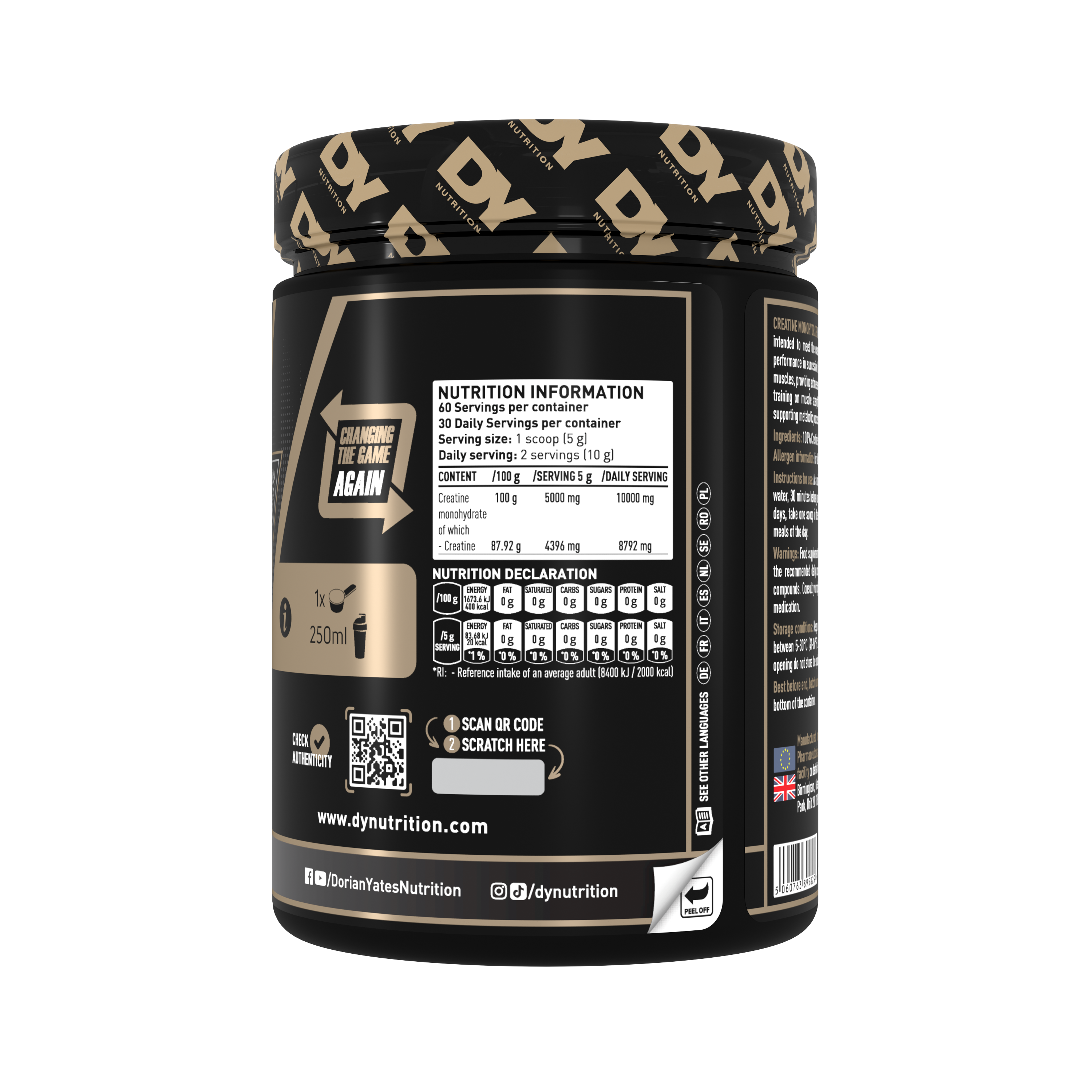 Dy Nutrition Creatine Monohydrate Dorian Yates 60 Servicios + Polera + Botella Dy Nutrition