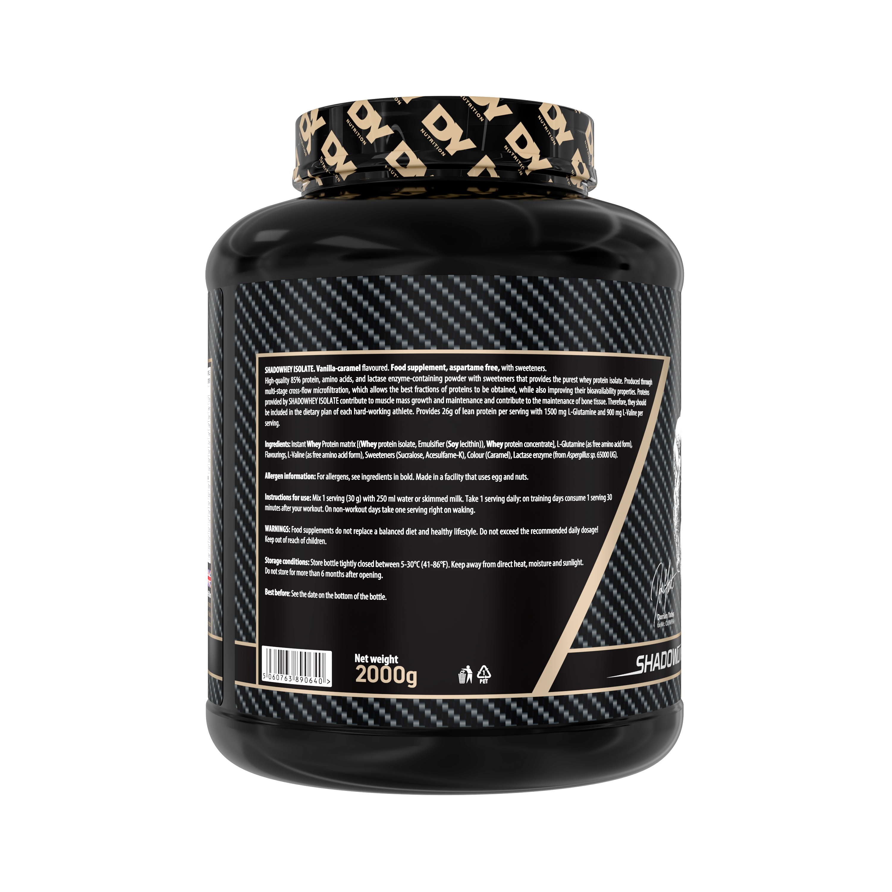 Dy Nutrition Isolate Protein Shadowhey Dorian Yates 66 Servicios + Polera Dy + Botella de agua Dy Nutrition