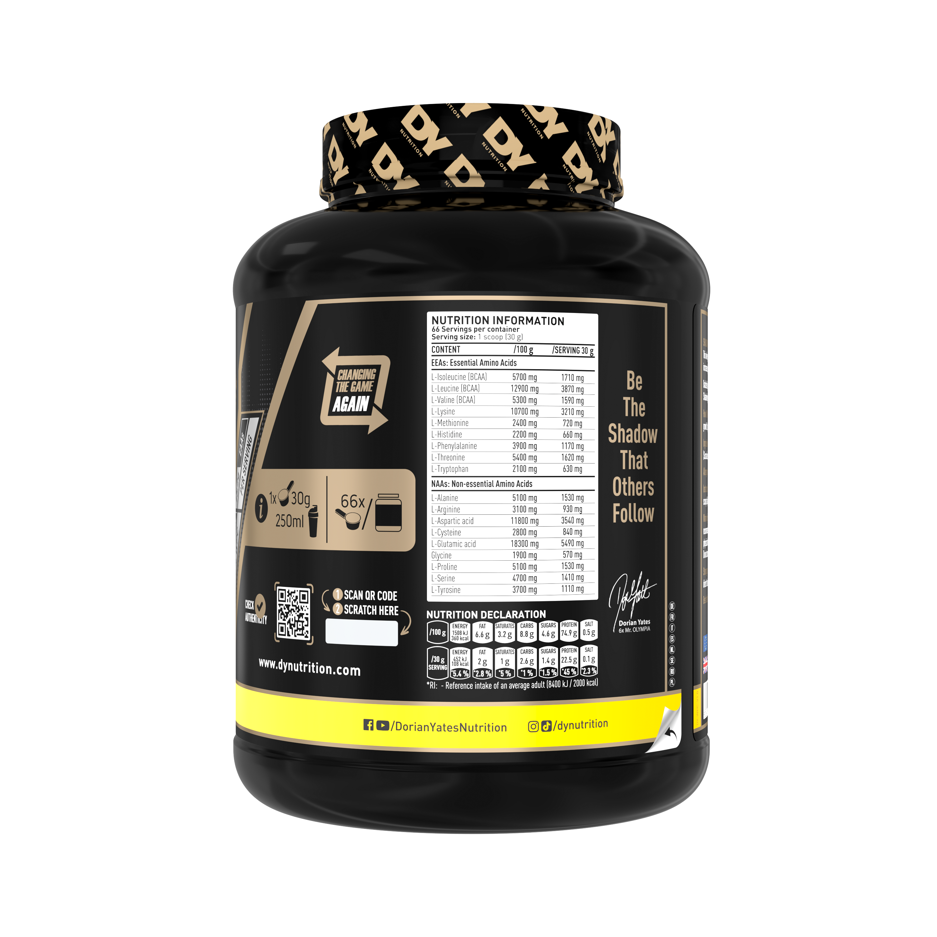 Dy Nutrition Whey Protein Shadowhey Dorian Yates 66 Servicios + Polera + Botella de Agua Dorian Yates