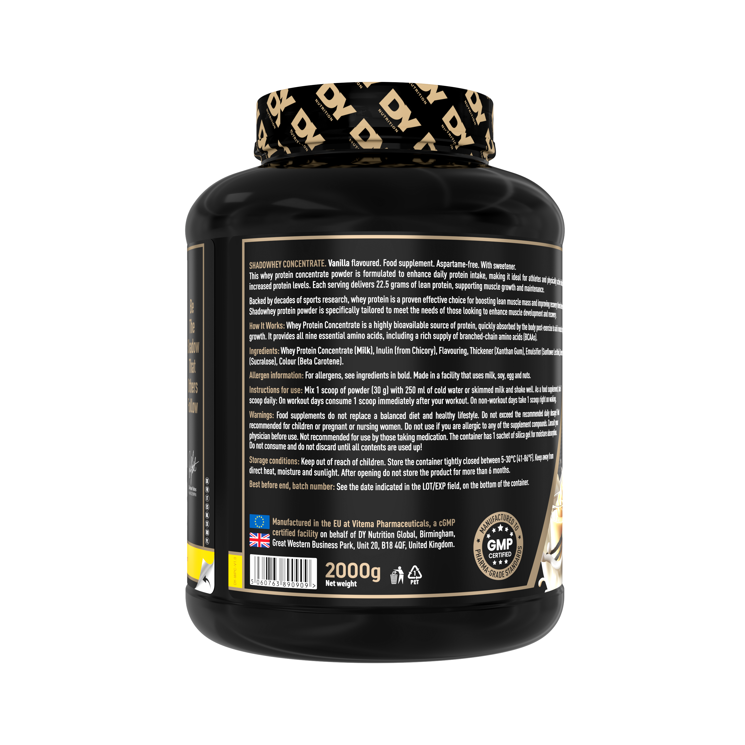 Dy Nutrition Whey Protein Shadowhey Dorian Yates 66 Servicios + Polera + Botella de Agua Dorian Yates