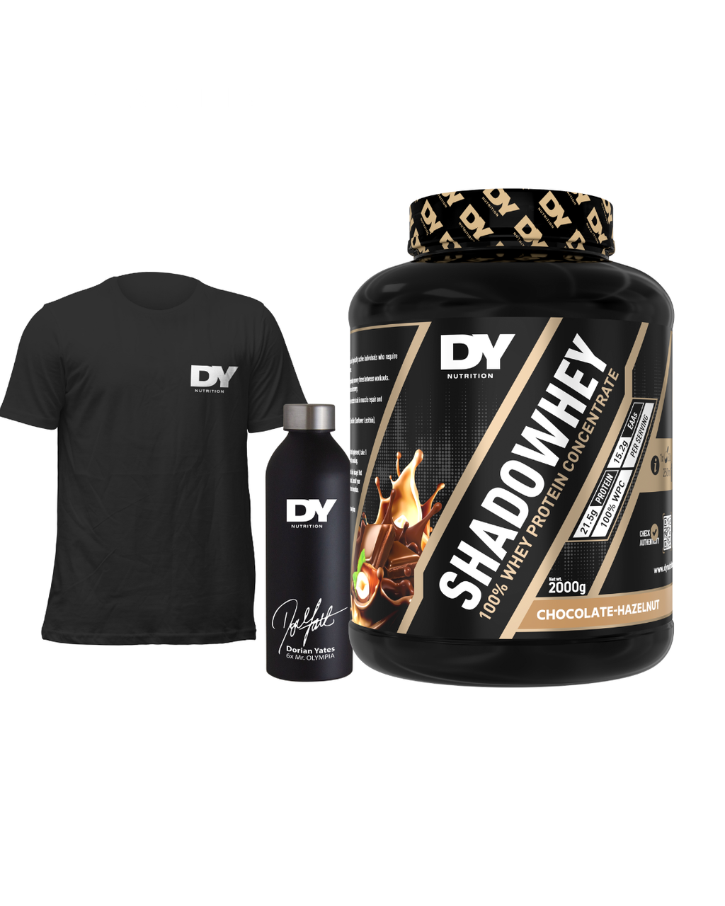 Dy Nutrition Whey Protein Shadowhey Dorian Yates 66 Servicios + Polera + Botella de Agua Dorian Yates
