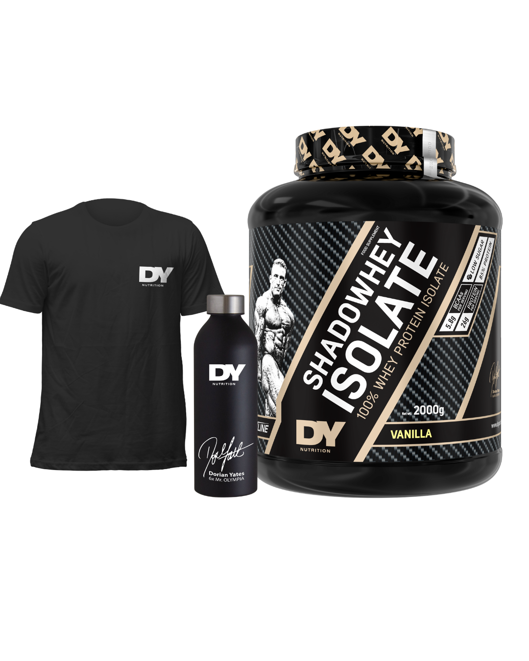 Dy Nutrition Isolate Protein Shadowhey Dorian Yates 66 Servicios + Polera Dy + Botella de agua Dy Nutrition
